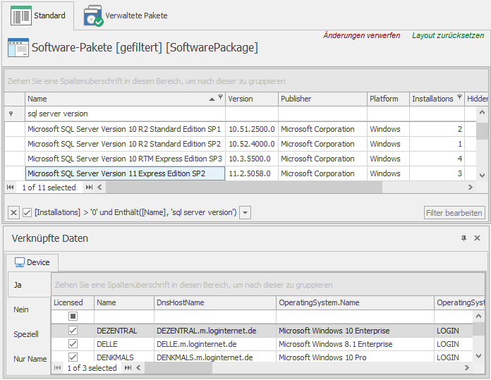 Verknüpfte Daten zur Auswahl eines Software-Pakets