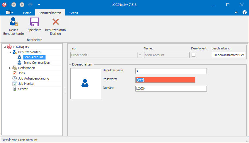 Startbild LOGINquiry Eingabe eines administrativen Benutzerkontos