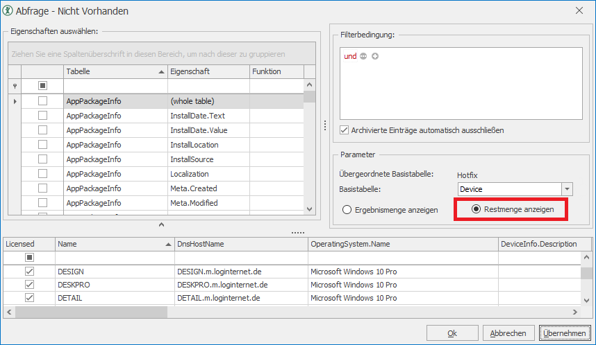 Auswählen von "Anzeigen der Restemenge im Abfrage-Editor"