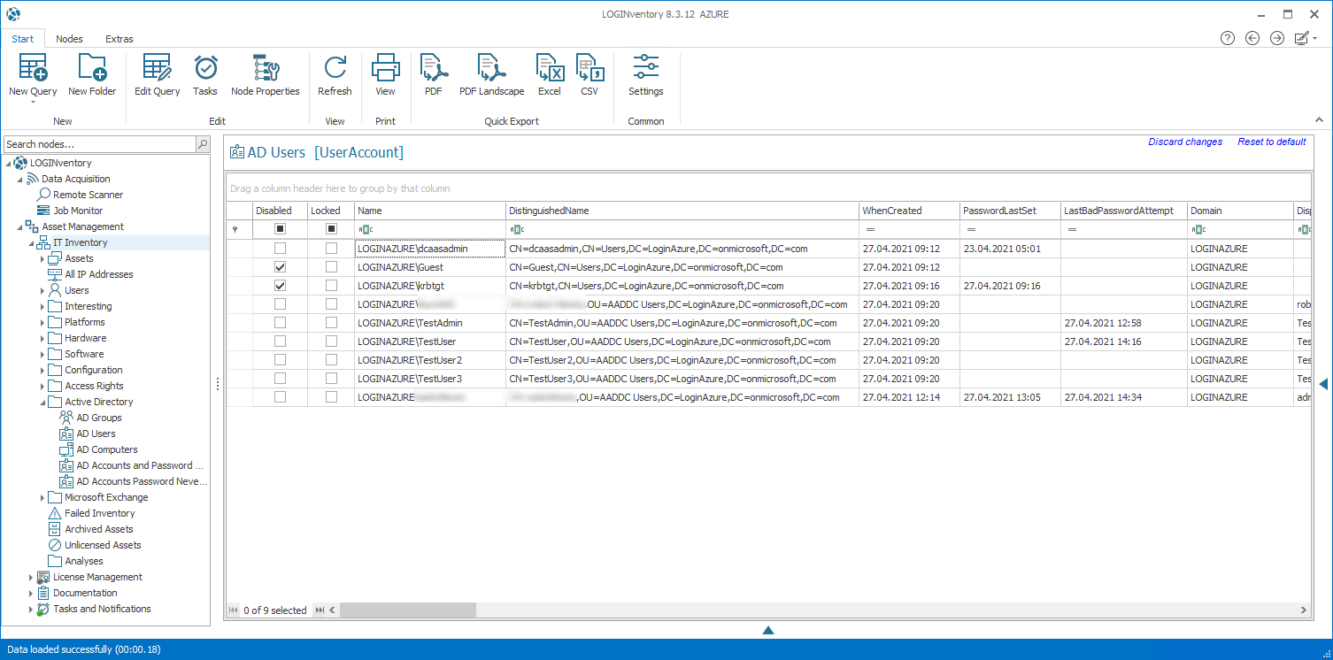Scan der Azure-AD Daten mittels Remote Scanner und Übertragung mittels Offline-Agent: Anzeige in on-premises LOGINventory