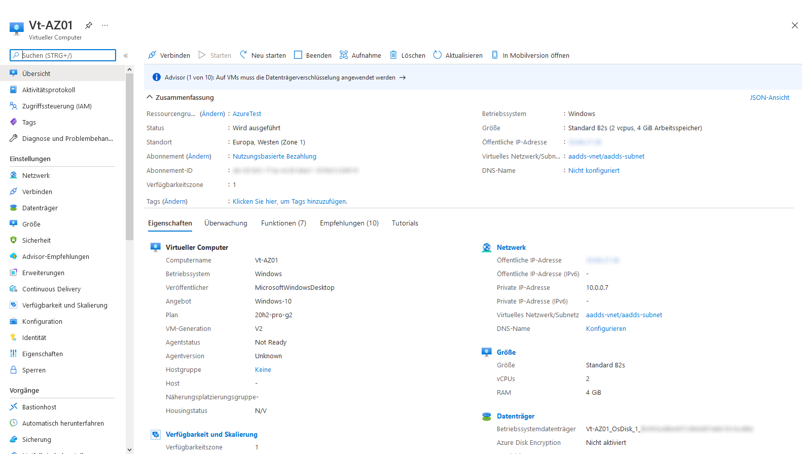 Detailansicht VM in Azure