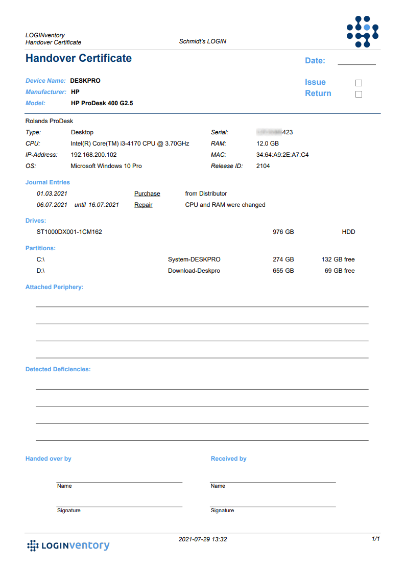 Network Documentation - LOGINventory Throughout Handover Certificate Template