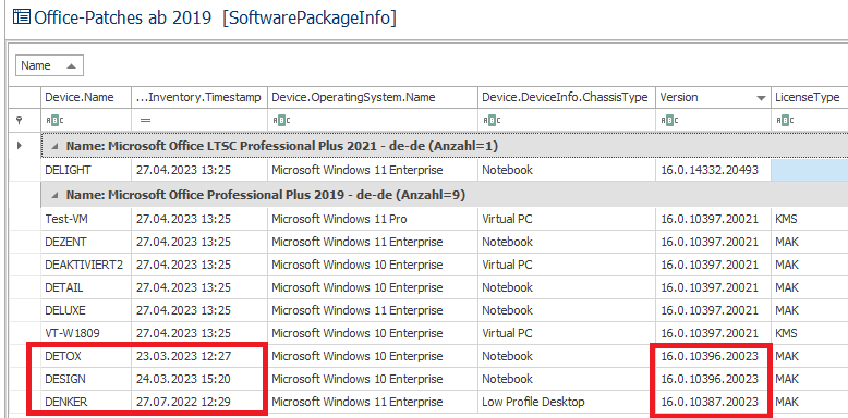 LOGINventory Auswertung Office 2019 BuildNr nicht aktuell