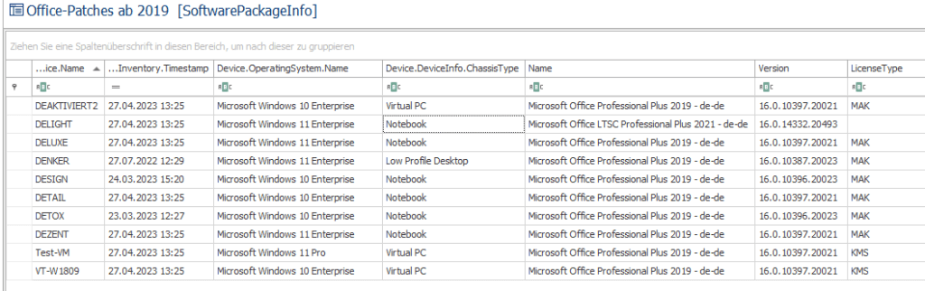 LOGINventory Auswertung Office 2019 2021 Buildnummer